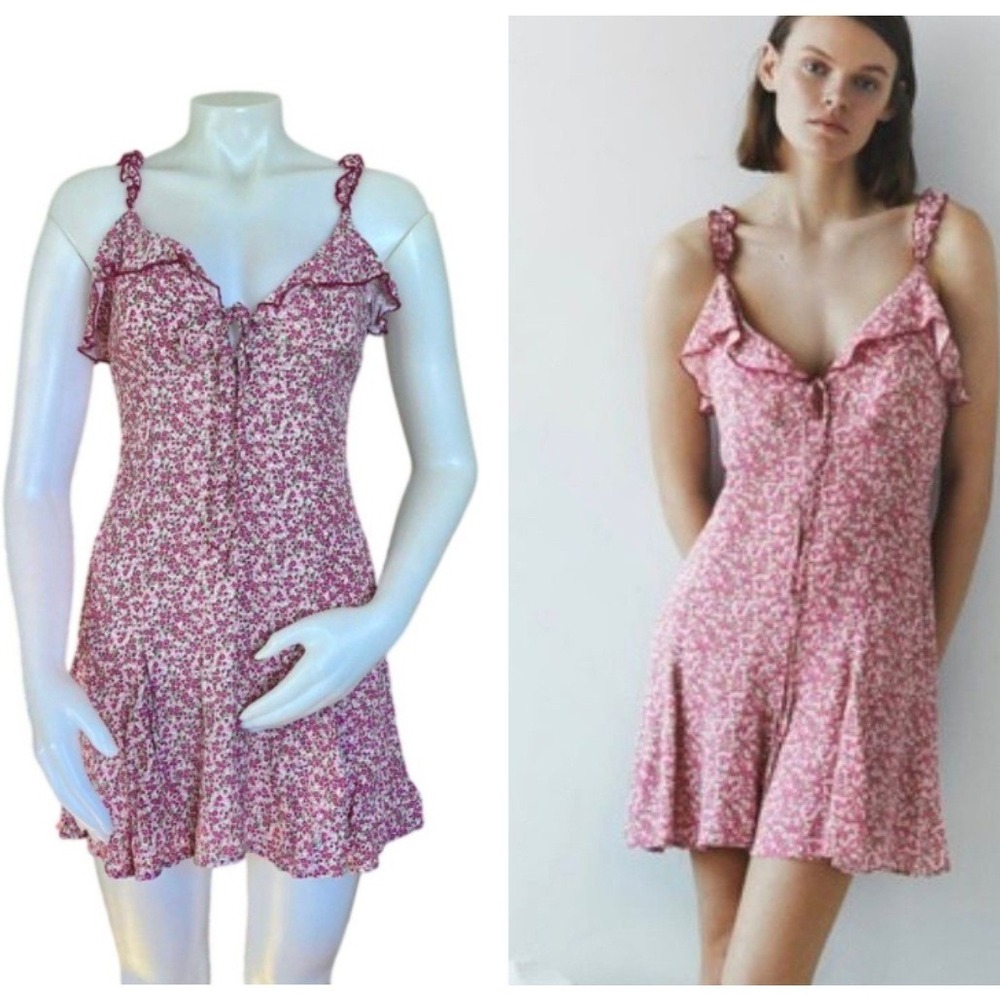 Zara Pink Ditsy Floral Ruffle Mini Sun Dress‎ Small Summer Cottagecore Coquette